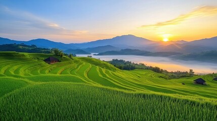 Serene rice terraces cascading down a hillside, glowing golden under the soft light of sunrise