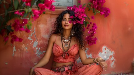 A Woman in an Orange Outfit Relaxes Amidst Vibrant Bougainvillea Flowers in a Sunny Setting