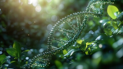 dna helix amidst green foliage symbolizing genetic engineering in nature.create by F.a