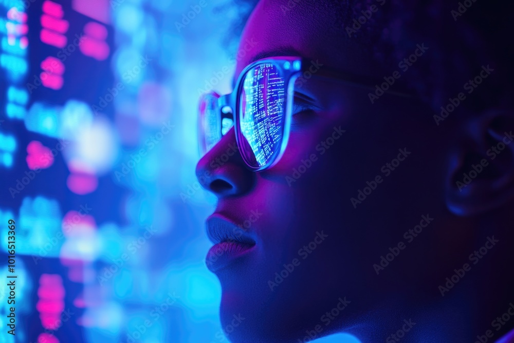 Poster a person wearing glasses stands in front of a colorful wall of neon lights, ideal for use in tech-re