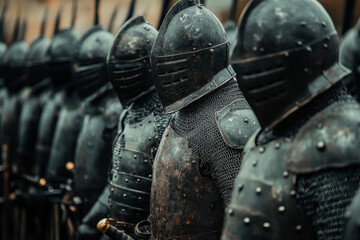 Fototapeta premium Medieval knights army in full armor standing in formation ready for battle. Warrior on battlefield