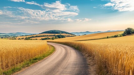 A rural road winding through golden barley fields, with distant hills under a bright summer sky.