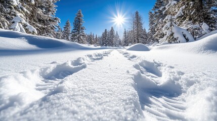 Obraz premium A captivating winter image showing fresh tracks through a forest blanketed in snow, with sunlight streaming through the trees, creating a warm glow.