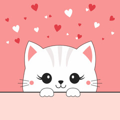 White peeking cat face head. Funny kitten. Paws hand holding paper. Red white hearts. Valentines Day. Cute cartoon kitty character. Kawaii animal. Greeting card. Flat design. Pink background Vector