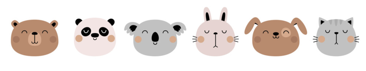 Bunny rabbit, cat kitten, dog, bear, panda, koala set line. Cute face. Kawaii cartoon funny character. Valentines Day. Sticker print. Greeting card. Childish style. Flat design White background Vector