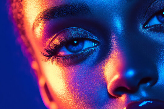 Fashion female model with creative lighting. Close up UV portrait of woman