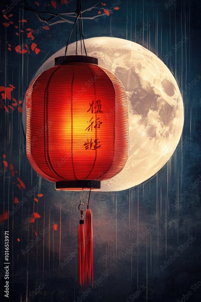 Poster a red lantern hanging from a tree under a full moon, great for use in outdoor scenes or as a symbol 