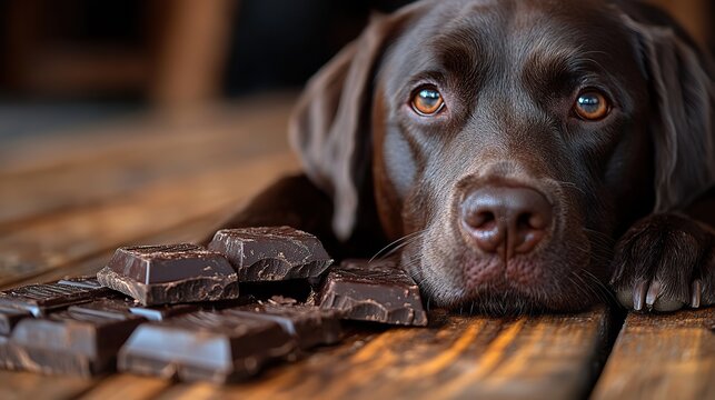 dog suffering from nausea sitting near a partially eaten chocolate toxicity and potential danger of feeding dogs,human sweets particularly chocolate which is harmful to their health.create by F.a
