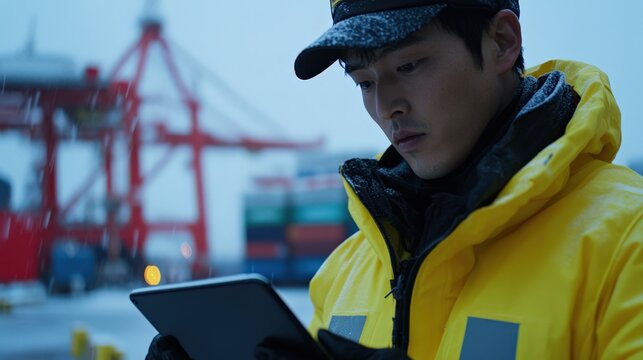 Logistikingenieur nutzt Tablet im Containerlager f&uuml;r Wintereins&auml;tze