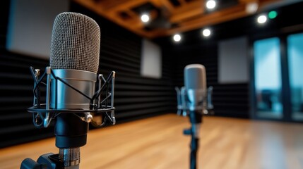 A modern recording studio featuring professional microphones on stands, capturing an acoustic...