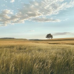 Obraz premium A scenic field of tall grass swaying in the wind, with a lone tree standing in the distance under a vast sky