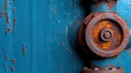 An aged, rusty metallic gear melds with the vibrant blue of an industrial wall, blending striking contrast of corrosion against vivid painted backdrop.
