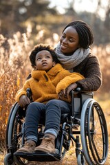 Obraz premium A mother and child bond moment while she uses a wheelchair.
