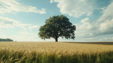 Obraz premium A scenic view of a barley field with a lone oak tree in the center, standing tall under a bright sky.