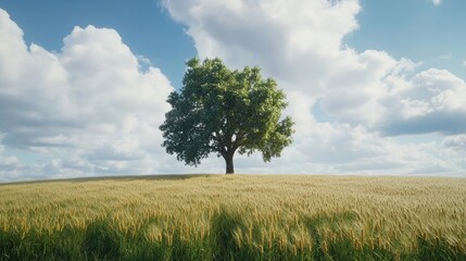 Fototapeta premium A scenic view of a barley field with a lone oak tree in the center, standing tall under a bright sky.