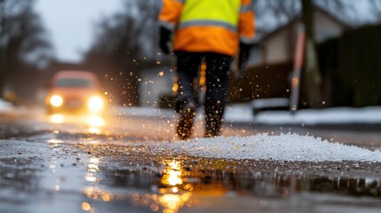 Fototapeta premium Sicherheit auf Straßen im Winter: Enteisungsmittel auf vereisten Straßen für Verkehrssicherheit und -erhaltung