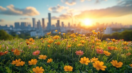 eco friendly landscape featuring vibrant flowers and wind turbines,a modern urban cityscape in the background highlighting sustainable energy and natures harmony.create by F.a