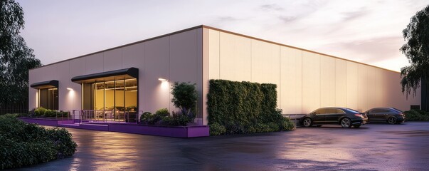 Depict a warehouse with an exterior in cream and graphite, illuminated by the late afternoon sun The parking area is tinted violet, complemented by sophisticated greenery on a bespoke iron platform