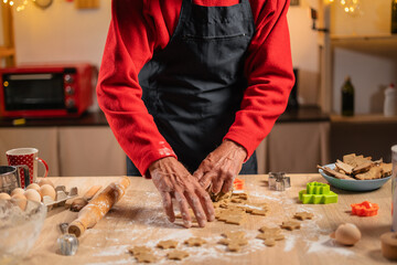 Hands cooking christmas gingerbread cookies, holiday time