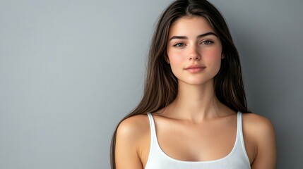 Obraz premium Beautiful brunette in white t-shirt doing breast self-examination Breast Cancer female breast, support, prevention, mammography, screening, oncology, cancer treatment.