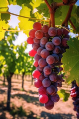 Lush grapes on the vine bask in the golden sunlight of a tranquil vineyard