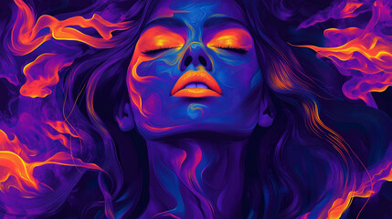 Fototapeta premium Artistic Portrait: Woman with Long Hair and Blue Painted Face 
