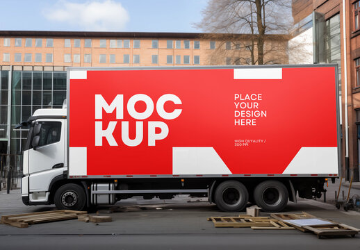 Side View Truck Mockup &ndash; Realistic Urban Scene for Delivery Branding, Outdoor Advertising, or Logistic Fleet Design Presentation