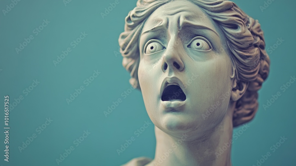Poster a stone statue of a woman with a surprised expression, often used in decorative settings or as a des