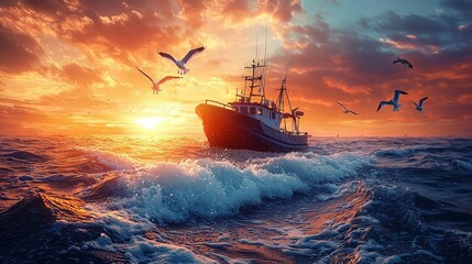Obraz premium Fishing boat at sea sailing against a dramatic sunrise with seagulls flying