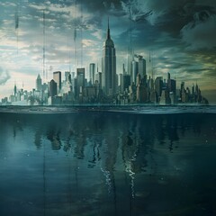 Futuristic Dystopian Cityscape Submerged in Flooded Metropolis Global Warming Concept