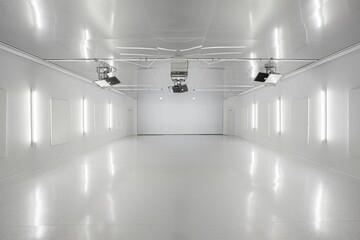 Large empty white room with high ceiling, white walls. Bright metallic floor with evenly spaced lights. Symmetrical, balanced atmosphere with white panels. Empty space devoid of furniture or objects.