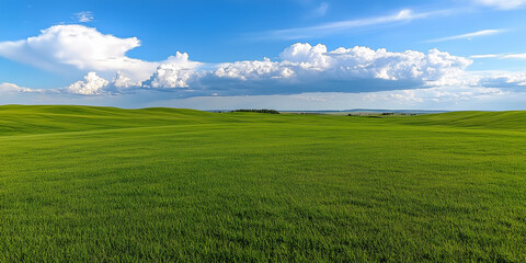 Obraz premium Lush green fields stretch under bright blue sky adorned with fluffy white clouds, creating serene and tranquil landscape. vibrant colors evoke sense of peace and natural beauty. 