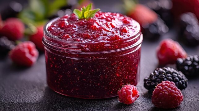 Leckere Beerenmarmelade im Glas f&uuml;r kulinarische und Food-Fotografie