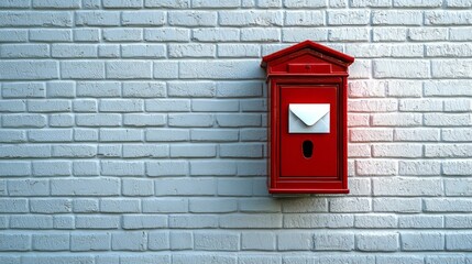 Red mailbox with envelope on a white brick wall in the sunlight