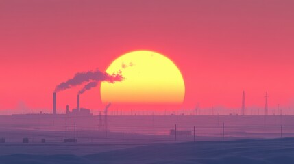 Obraz premium Industrielle Landschaft bei Sonnenuntergang mit Rauch aus Fabrikschornsteinen