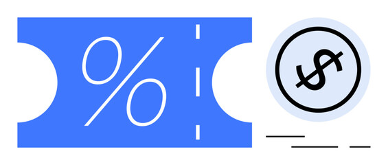 Blue coupon with a percentage symbol and a dollar sign icon in a circle. Ideal for promotions, discounts, savings, retail, and marketing. Simplistic flat design style