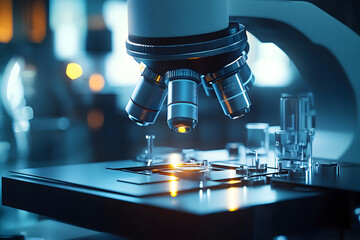Scientific optical microscope with metal lens at laboratory. Laboratory instrument - optical electron microscope. Concept of science and microscopic research. Generative AI