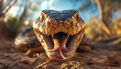 Obraz premium A Close-Up View of a Snake's Forked Tongue Flicking in the Shadows, a Nocturnal Reptile Predator Hunting Silently in the Dark The Snake's Eyes Glisten with a Primitive Instinct, Its Scales Shimmering