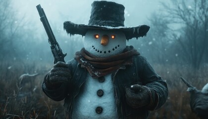 Naklejka premium A Grim Snowman Stands Guard in a Winter Wonderland, His Black Hat Casting a Shadow Over the Field, A Chilling Vision of Winter Charm