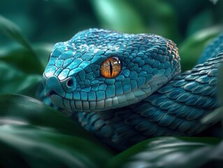 Fototapeta premium A Vibrant Blue Snake Camouflaged in Lush Green Foliage, Winding Through the Forest Undergrowth, Its Scales Shimmering in the Sunlight, A Master of Disguise, Blending Seamlessly with Its Surroundings