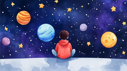 Naklejka premium A young boy in a red hoodie gazes at colorful planets and stars in a dreamy night sky.