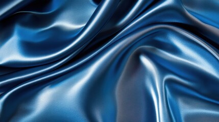 Obraz premium A close-up of luxurious blue satin fabric, showcasing its smooth and elegant texture with flowing waves, perfect for fashion and interior design applications.