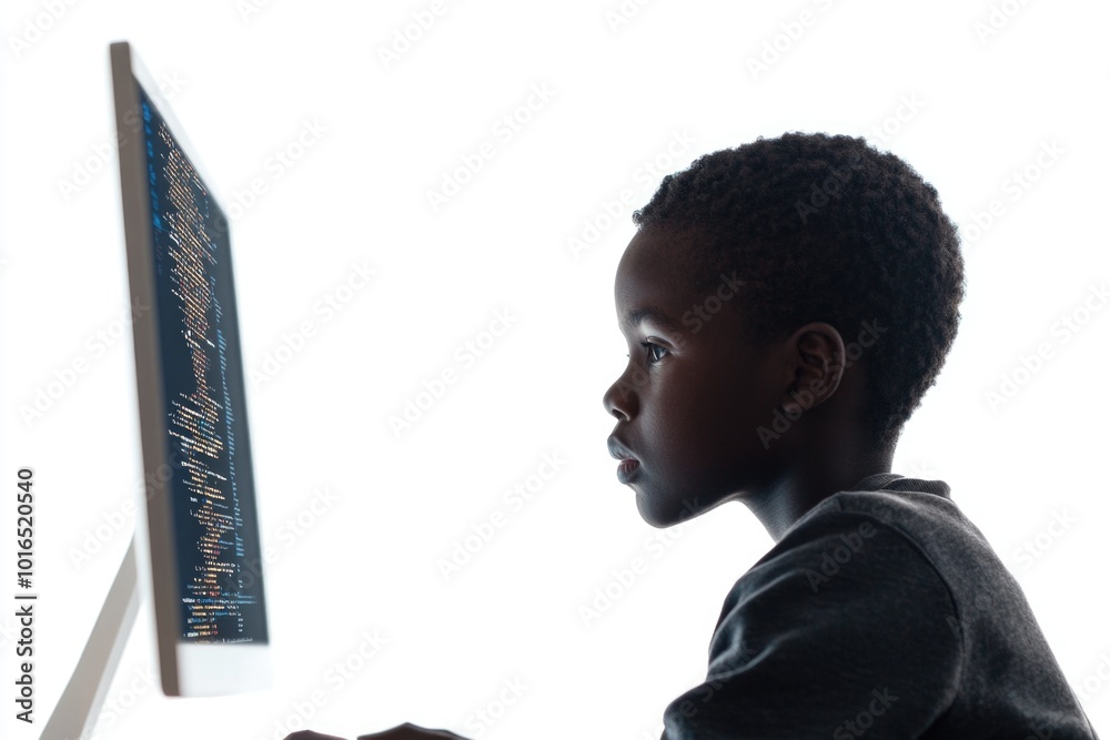 Poster a young boy sits in front of a computer monitor, focused on his task.