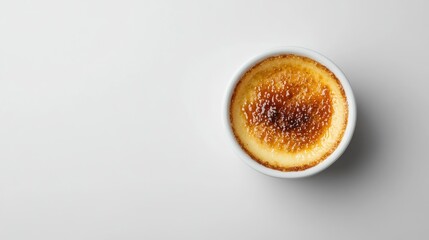 Top view of a single in a white ramekin, with a rich golden crust. Generous empty space on the right for text or branding. Minimalist and elegant.