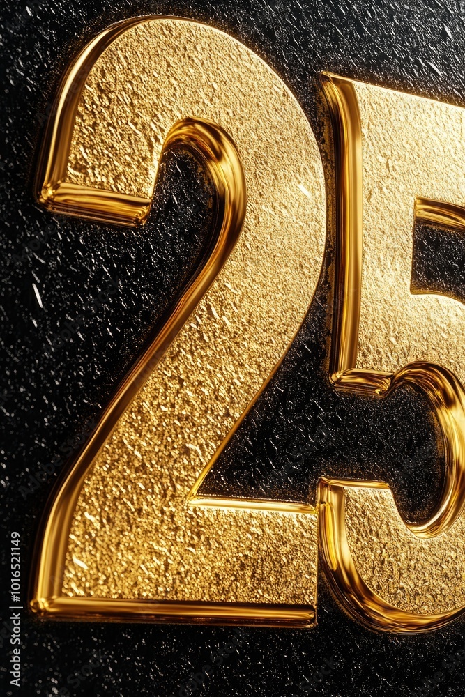 Poster a golden number twenty displayed on a black surface.