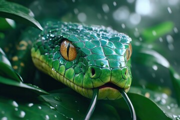 Fototapeta premium Close-up of a Venomous Green Snake Camouflaged Among Lush Leaves, Its Sharp Fangs Are Barely Visible, a Master of Disguise in the Wild This Snake is a Deadly Predator, Blending Seamlessly with its