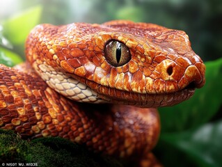 Fototapeta premium Close-up of a Striking, Intense Wildlife Snake with Sharp Features, Moving Through a Dark, Wild Forest, A Glimpse into Nature's Beauty and Danger