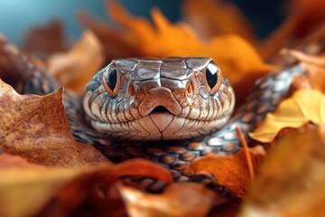 Close-up of a Venomous Snake Camouflaged Among Autumn Leaves, Its Sharp Fangs Barely Visible, A Master of Disguise in Nature's Palette