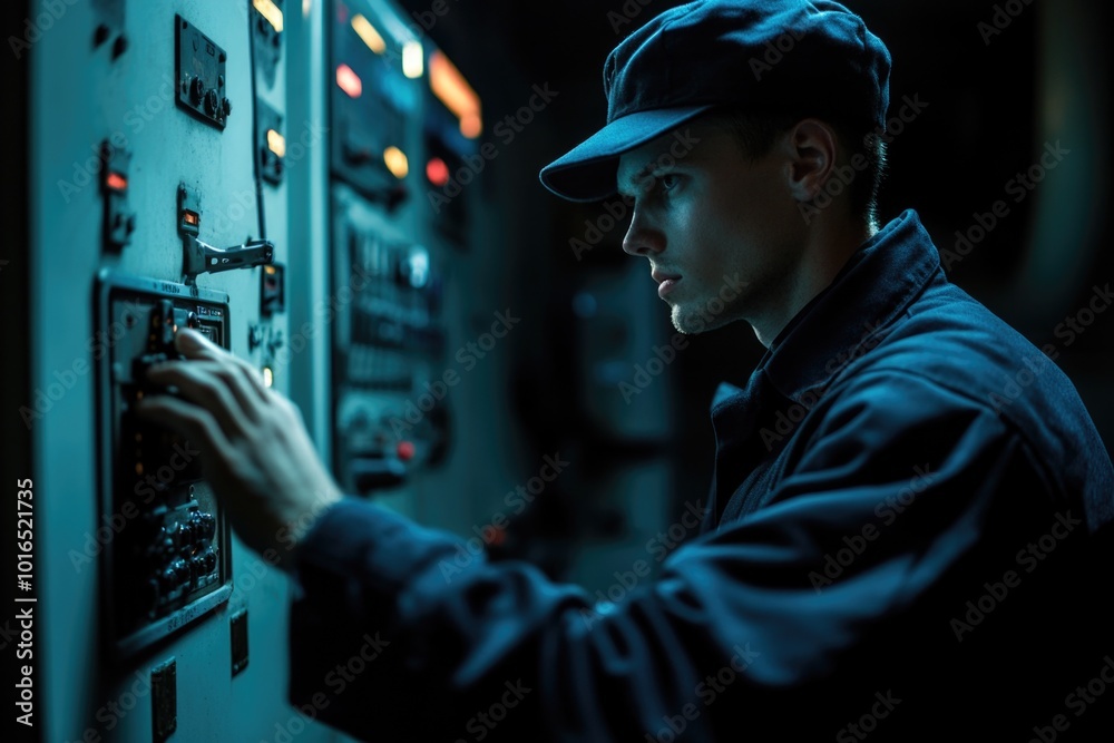 Poster A person wearing a cap works on an industrial control panel with various buttons and screens.