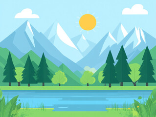 Obraz premium A flat vector illustration of green mountains, trees, and a lake with the sun in the sky. Simple shapes and a flat design style.